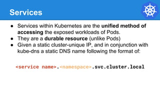 Services
● Services within Kubernetes are the unified method of
accessing the exposed workloads of Pods.
● They are a durable resource (unlike Pods)
● Given a static cluster-unique IP, and in conjunction with
kube-dns a static DNS name following the format of:
<service name>.<namespace>.svc.cluster.local
 
