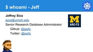 $ whoami - Jeff
Jeffrey Sica
jsica@umich.edu
Senior Research Database Administrator
Github: @jeefy
Twitter: @jeefy
 