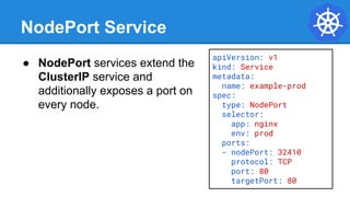 NodePort Service
apiVersion: v1
kind: Service
metadata:
name: example-prod
spec:
type: NodePort
selector:
app: nginx
env: prod
ports:
- nodePort: 32410
protocol: TCP
port: 80
targetPort: 80
● NodePort services extend the
ClusterIP service and
additionally exposes a port on
every node.
 