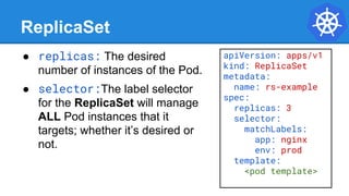 ReplicaSet
● replicas: The desired
number of instances of the Pod.
● selector:The label selector
for the ReplicaSet will manage
ALL Pod instances that it
targets; whether it’s desired or
not.
apiVersion: apps/v1
kind: ReplicaSet
metadata:
name: rs-example
spec:
replicas: 3
selector:
matchLabels:
app: nginx
env: prod
template:
<pod template>
 