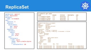 ReplicaSet
$ kubectl describe rs rs-example
Name: rs-example
Namespace: default
Selector: app=nginx,env=prod
Labels: app=nginx
env=prod
Annotations: <none>
Replicas: 3 current / 3 desired
Pods Status: 3 Running / 0 Waiting / 0 Succeeded / 0 Failed
Pod Template:
Labels: app=nginx
env=prod
Containers:
nginx:
Image: nginx:stable-alpine
Port: 80/TCP
Environment: <none>
Mounts: <none>
Volumes: <none>
Events:
Type Reason Age From Message
---- ------ ---- ---- -------
Normal SuccessfulCreate 16s replicaset-controller Created pod: rs-example-mkll2
Normal SuccessfulCreate 16s replicaset-controller Created pod: rs-example-b7bcg
Normal SuccessfulCreate 16s replicaset-controller Created pod: rs-example-9l4dt
apiVersion: apps/v1
kind: ReplicaSet
metadata:
name: rs-example
spec:
replicas: 3
selector:
matchLabels:
app: nginx
env: prod
template:
metadata:
labels:
app: nginx
env: prod
spec:
containers:
- name: nginx
image: nginx:stable-alpine
ports:
- containerPort: 80
$ kubectl get pods
NAME READY STATUS RESTARTS AGE
rs-example-9l4dt 1/1 Running 0 1h
rs-example-b7bcg 1/1 Running 0 1h
rs-example-mkll2 1/1 Running 0 1h
 