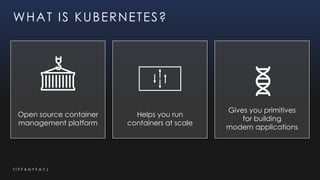 T I F F A N Y F A Y J
Open source container
management platform
Helps you run
containers at scale
Gives you primitives
for building
modern applications
WHAT IS KUBERNETES?
 