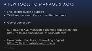 T I F F A N Y F A Y J
A FEW TOOLS TO MANAGE STACKS
• Shell scripts invoking kubectl
• YAML resource manifests committed to...