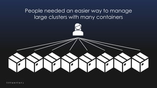 T I F F A N Y F A Y J
People needed an easier way to manage
large clusters with many containers
 