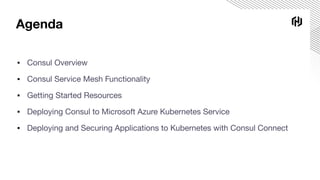 Agenda
▪ Consul Overview
▪ Consul Service Mesh Functionality
▪ Getting Started Resources
▪ Deploying Consul to Microsoft Azure Kubernetes Service
▪ Deploying and Securing Applications to Kubernetes with Consul Connect
 