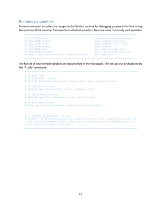 15
Runtime parameters
Some environment variables are recognized by libfabric runtime for debugging purpose or for fine tuning
the behavior of the common framework or individual providers. Here are some commonly used variables:
FI_LOG_LEVEL=warn only show warning messages
FI_LOG_LEVEL=trace more verbose than warn
FI_LOG_LEVEL=info more verbose than trace
FI_LOG_LEVEL=debug most verbose
FI_PROVIDER=psm2 use psm2 provider only
FI_PROVIDER=^sockets don’t use sockets provider
FI_PSM2_UUID=12345678-8765-4321-1234-567887654321 set PSM2 UUID
The full set of environment variables are documented in the man pages. The list can also be displayed by
the “fi_info” command:
$ fi_info -env
# FI_LOG_LEVEL: String
# Specify logging level: warn, trace, info, debug (default: warn)
# FI_LOG_PROV: String
# Specify specific provider to log (default: all)
# FI_LOG_SUBSYS: String
# Specify specific subsystem to log (default: all)
# FI_PROVIDER: String
# Only use specified provider (default: all available)
……
# FI_SOCKETS_PE_AFFINITY: String
# sockets: If specified, bind the progress thread to the indicated range(s) of
Linux virtual processor ID(s). This option is currently not supported on OS X.
Usage: id_start[-id_end[:stride]][,]
 