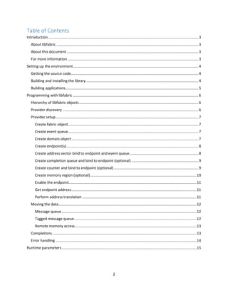 2
Table of Contents
Introduction ..................................................................................................................................................3
About libfabric ..........................................................................................................................................3
About this document ................................................................................................................................3
For more information ...............................................................................................................................3
Setting up the environment..........................................................................................................................4
Getting the source code............................................................................................................................4
Building and installing the library .............................................................................................................4
Building applications.................................................................................................................................5
Programming with libfabric ..........................................................................................................................6
Hierarchy of libfabric objects....................................................................................................................6
Provider discovery ....................................................................................................................................6
Provider setup...........................................................................................................................................7
Create fabric object...............................................................................................................................7
Create event queue...............................................................................................................................7
Create domain object ...........................................................................................................................7
Create endpoint(s) ................................................................................................................................8
Create address vector bind to endpoint and event queue...................................................................8
Create completion queue and bind to endpoint (optional) .................................................................9
Create counter and bind to endpoint (optional) ..................................................................................9
Create memory region (optional).......................................................................................................10
Enable the endpoint............................................................................................................................11
Get endpoint address..........................................................................................................................11
Perform address translation ...............................................................................................................11
Moving the data......................................................................................................................................12
Message queue...................................................................................................................................12
Tagged message queue.......................................................................................................................12
Remote memory access......................................................................................................................13
Completions............................................................................................................................................13
Error handling .........................................................................................................................................14
Runtime parameters...................................................................................................................................15
 