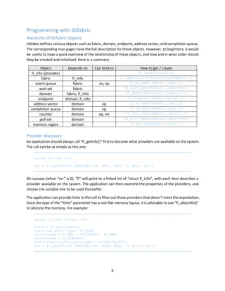6
Programming with libfabric
Hierarchy of libfabric objects
Libfabic defines various objects such as fabric, domain, endpoint, address vector, and completion queue.
The corresponding man pages have the full description for these objects. However, to beginners, it would
be useful to have a quick overview of the relationship of these objects, and how and in what order should
they be created and initialized. Here is a summary:
Object Depends on Can bind to How to get / create
fi_info (provider) fi_getinfo(…,&fi);
fabric fi_info fi_fabric(fi->fabric_attr,&fabric,…);
event queue fabric av, ep fi_eq_open(fabric,…,&eq,…);
wait set fabric fi_wait_open(fabric,…,&waitset);
domain fabric, fi_info fi_domain(fabric,fi,&domain,…);
endpoint domain, fi_info fi_endpoint(domain,fi,&ep,…);
address vector domain ep fi_av_open(domain,…,&av,…);
completion queue domain ep fi_cq_open(domain,…,&cq,…);
counter domain ep, mr fi_cntr_open(domain,…,&cntr,…);
poll set domain fi_poll_open(domain,…,&pollset);
memory region domain fi_mr_reg(domain,…,&mr,…);
Provider discovery
An application should always call “fi_getinfo()” first to discover what providers are available on the system.
The call can be as simple as this one:
struct fi_info *fi;
err = fi_getinfo(FI_VERSION(1,0), NULL, NULL, 0, NULL, &fi);
On success (when “err” is 0), “fi” will point to a linked list of “struct fi_info”, with each item describes a
provider available on the system. The application can then examine the properties of the providers, and
choose the suitable one to be used thereafter.
The application can provide hints to the call to filter out those providers that doesn’t meet the expectation.
Since the type of the “hints” parameter has a non-flat memory layout, it is advisable to use “fi_allocinfo()”
to allocate the memory. For example:
struct fi_info *hints, *fi;
hints = fi_allocinfo();
hints->ep_attr->type = FI_RDM;
hints->caps = FI_MSG | FI_TAGGED | FI_RMA;
hints->mode = FI_CONTEXT;
hints->fabric_attr->prov_name = strdup(“psm2”);
err = fi_getinfo(FI_VERSION(1,0), NULL, NULL, 0, hints, &fi);
 