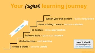 Your (digital) learning journey
publish your own content – build a reputation
create a profile – become visible
start observing – start learning
invite contacts – grow your network
be curious – show appreciation
share existing content – become valuable
make it a habit
5 minutes per day
not more / not less
harald-schirmer.de
 