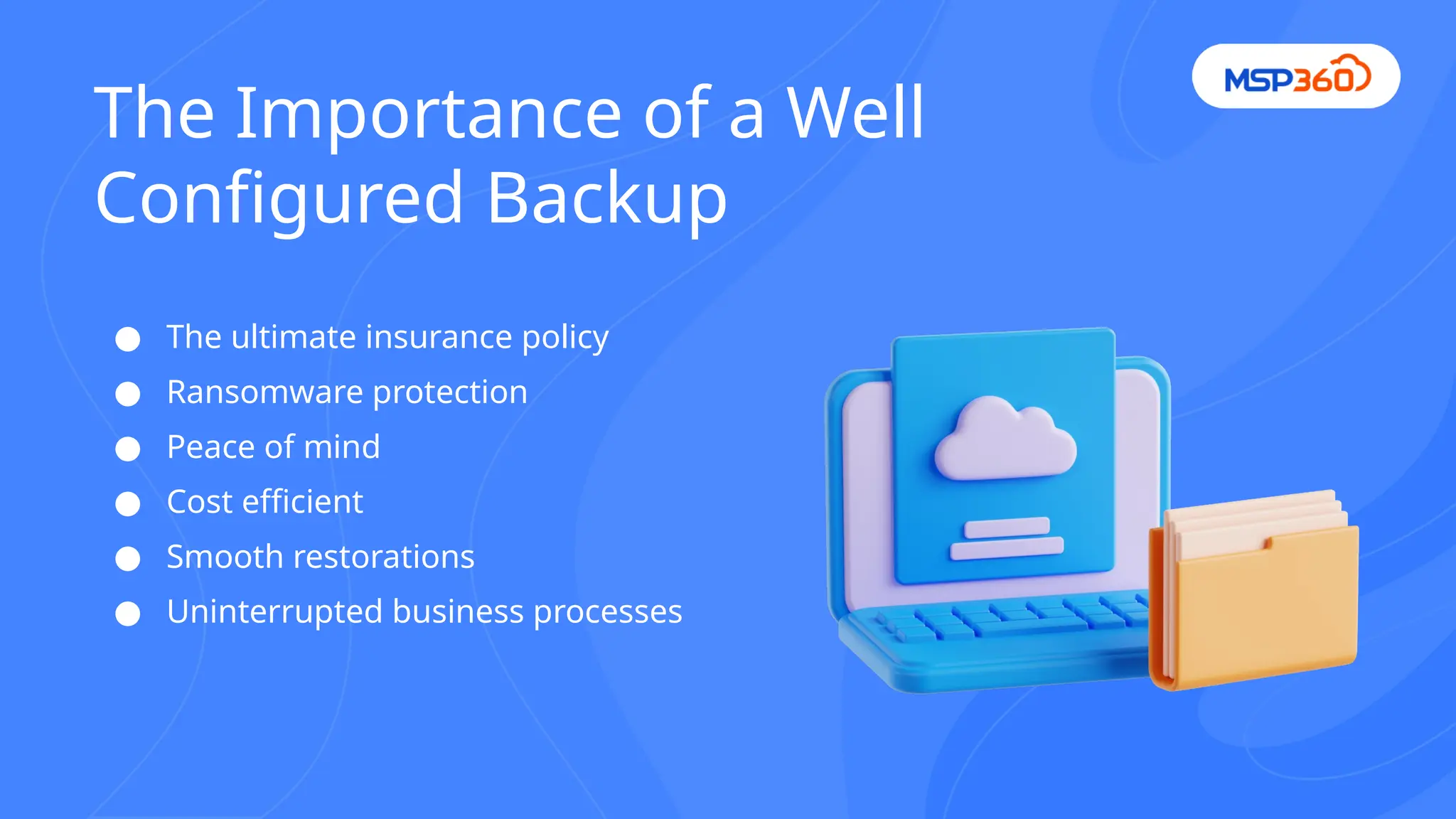 ● The ultimate insurance policy
● Ransomware protection
● Peace of mind
● Cost efficient
● Smooth restorations
● Uninterrupted business processes
The Importance of a Well
Configured Backup
 