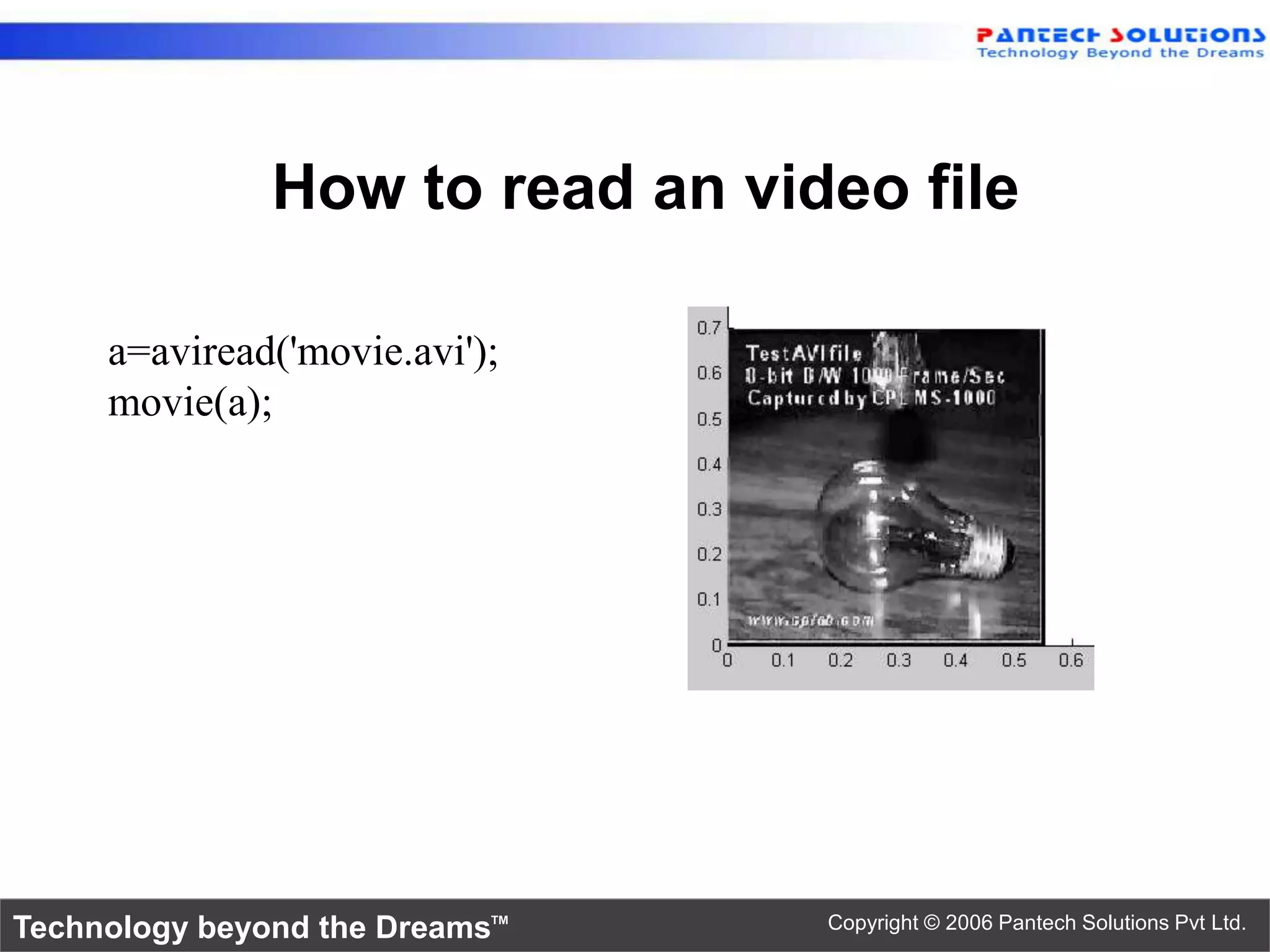 How to read an video file a=aviread('movie.avi'); movie(a); Technology beyond the Dreams™ Copyright © 2006 Pantech Solutions Pvt Ltd. 