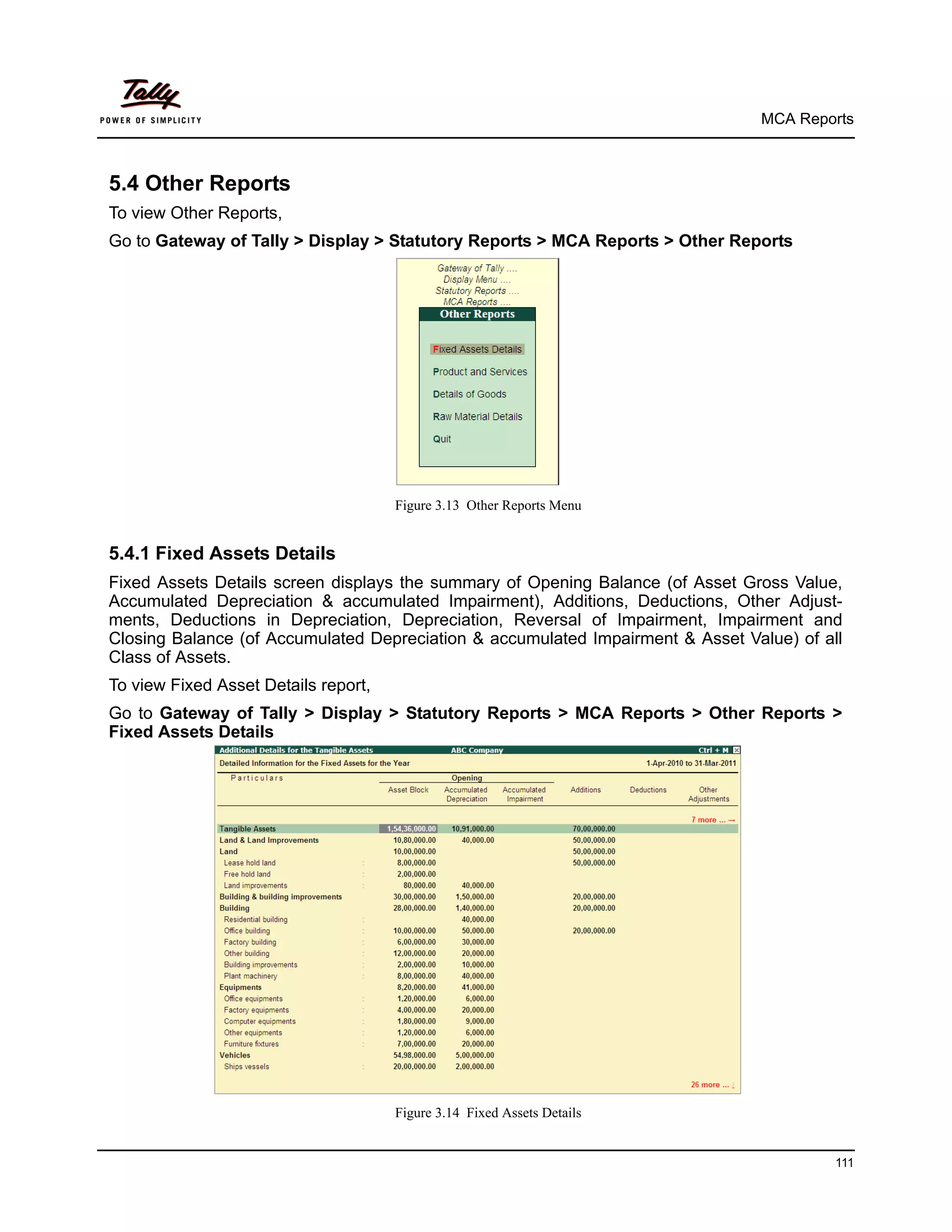 MCA Reports



5.4 Other Reports
To view Other Reports,
Go to Gateway of Tally > Display > Statutory Reports > MCA Reports > Other Reports




                                      Figure 3.13 Other Reports Menu


5.4.1 Fixed Assets Details
Fixed Assets Details screen displays the summary of Opening Balance (of Asset Gross Value,
Accumulated Depreciation & accumulated Impairment), Additions, Deductions, Other Adjust-
ments, Deductions in Depreciation, Depreciation, Reversal of Impairment, Impairment and
Closing Balance (of Accumulated Depreciation & accumulated Impairment & Asset Value) of all
Class of Assets.
To view Fixed Asset Details report,
Go to Gateway of Tally > Display > Statutory Reports > MCA Reports > Other Reports >
Fixed Assets Details




                                      Figure 3.14 Fixed Assets Details


                                                                                          111
 