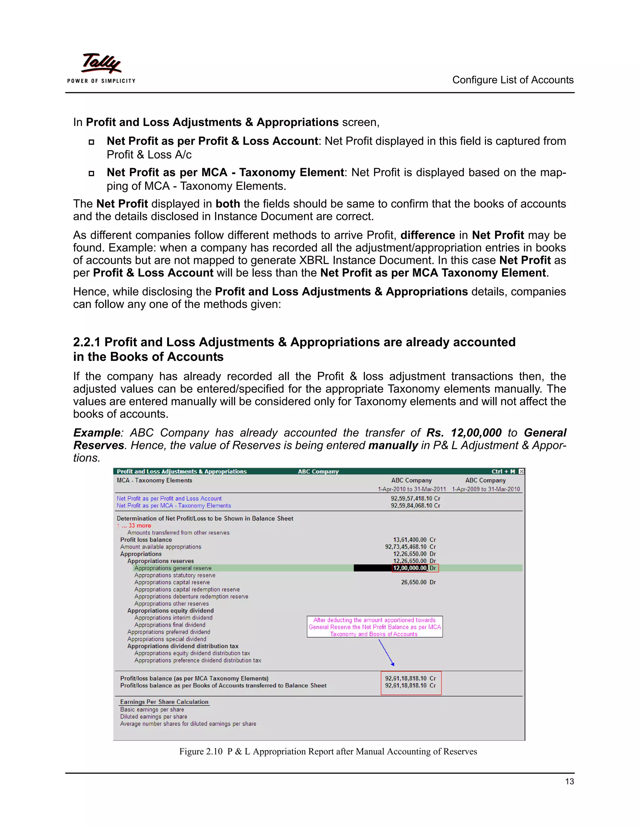 Configure List of Accounts



In Profit and Loss Adjustments & Appropriations screen,
     Net Profit as per Profit & Loss Account: Net Profit displayed in this field is captured from
      Profit & Loss A/c
     Net Profit as per MCA - Taxonomy Element: Net Profit is displayed based on the map-
      ping of MCA - Taxonomy Elements.
The Net Profit displayed in both the fields should be same to confirm that the books of accounts
and the details disclosed in Instance Document are correct.
As different companies follow different methods to arrive Profit, difference in Net Profit may be
found. Example: when a company has recorded all the adjustment/appropriation entries in books
of accounts but are not mapped to generate XBRL Instance Document. In this case Net Profit as
per Profit & Loss Account will be less than the Net Profit as per MCA Taxonomy Element.
Hence, while disclosing the Profit and Loss Adjustments & Appropriations details, companies
can follow any one of the methods given:


2.2.1 Profit and Loss Adjustments & Appropriations are already accounted
in the Books of Accounts
If the company has already recorded all the Profit & loss adjustment transactions then, the
adjusted values can be entered/specified for the appropriate Taxonomy elements manually. The
values are entered manually will be considered only for Taxonomy elements and will not affect the
books of accounts.
Example: ABC Company has already accounted the transfer of Rs. 12,00,000 to General
Reserves. Hence, the value of Reserves is being entered manually in P& L Adjustment & Appor-
tions.




                    Figure 2.10 P & L Appropriation Report after Manual Accounting of Reserves


                                                                                                               13
 