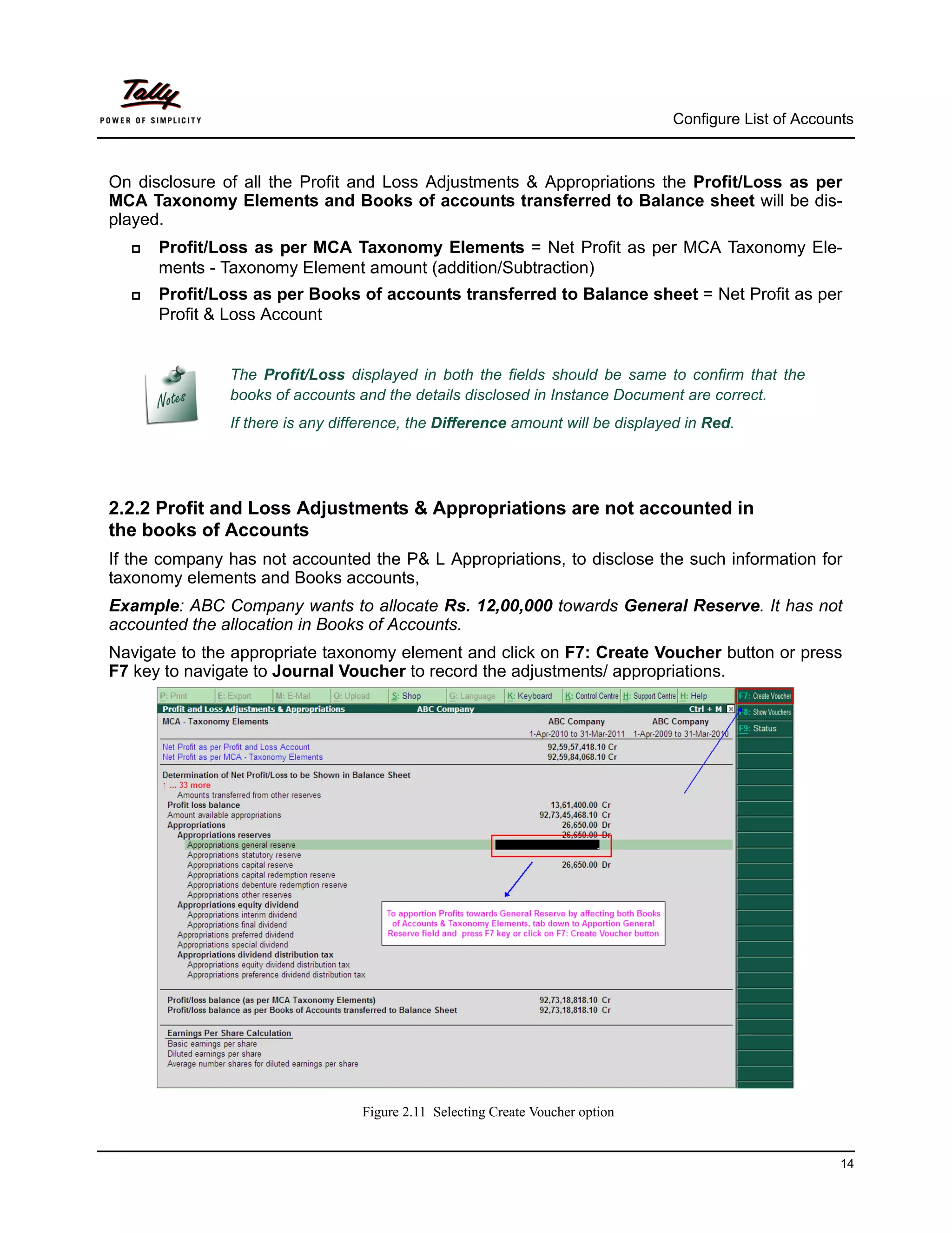 Configure List of Accounts



On disclosure of all the Profit and Loss Adjustments & Appropriations the Profit/Loss as per
MCA Taxonomy Elements and Books of accounts transferred to Balance sheet will be dis-
played.
     Profit/Loss as per MCA Taxonomy Elements = Net Profit as per MCA Taxonomy Ele-
      ments - Taxonomy Element amount (addition/Subtraction)
     Profit/Loss as per Books of accounts transferred to Balance sheet = Net Profit as per
      Profit & Loss Account


               The Profit/Loss displayed in both the fields should be same to confirm that the
               books of accounts and the details disclosed in Instance Document are correct.
               If there is any difference, the Difference amount will be displayed in Red.




2.2.2 Profit and Loss Adjustments & Appropriations are not accounted in
the books of Accounts
If the company has not accounted the P& L Appropriations, to disclose the such information for
taxonomy elements and Books accounts,
Example: ABC Company wants to allocate Rs. 12,00,000 towards General Reserve. It has not
accounted the allocation in Books of Accounts.
Navigate to the appropriate taxonomy element and click on F7: Create Voucher button or press
F7 key to navigate to Journal Voucher to record the adjustments/ appropriations.




                                  Figure 2.11 Selecting Create Voucher option


                                                                                                        14
 