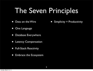 The Seven Principles
• Data on the Wire
• One Langauge
• Database Everywhere
• Latency Compensation
• Full-Stack Reactivity
• Embrace the Ecosystem
• Simplicity = Productivity
8
Sunday, March 16, 14
 