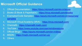 Microsoft Official Guidance
1. Official Documentation - https://docs.microsoft.com/en-in/azure
2. Books (E-Book & Paperback) - https://mva.microsoft.com/ebooks
3. Examples/Code Samples (https://azure.microsoft.com/en-in/resources/
samples/)
4. Microsoft Virtual Academy (MVA) - https://mva.microsoft.com/
5. Channel9 - https://channel9.msdn.com/
6. YouTube - https://www.youtube.com/user/windowsazure
7. Official Blogs - https://azure.microsoft.com/en-in/blog/
8. MSDN - https://msdn.microsoft.com/en-us/
9. Others
 