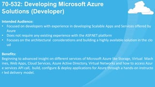 Intended Audience:
• Focused on developers with experience in developing Scalable Apps and Services offered by
Azure
• Does not require any existing experience with the ASP.NET platform
• Focuses on the architectural considerations and building a highly available solution in the clo
ud
Benefits:
Beginning to advanced insight on different services of Microsoft Azure like Storage, Virtual Mach
ines, Web Apps, Cloud Services, Azure Active Directory, Virtual Networks and how to access Azur
e services API call, build, configure & deploy applications for Azure through a hands-on instructo
r led delivery model.
70-532: Developing Microsoft Azure
Solutions (Developer)
 
