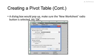 @_ParthAcharya

Creating a Pivot Table (Cont.)
• A dialog box would pop up, make sure the ‘New Worksheet’ radio
button is selected. Hit ‘OK’.

 