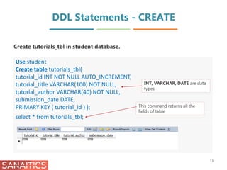 DDL Statements - CREATE
Create tutorials_tbl in student database.
13
Use student
Create table tutorials_tbl(
tutorial_id INT NOT NULL AUTO_INCREMENT,
tutorial_title VARCHAR(100) NOT NULL,
tutorial_author VARCHAR(40) NOT NULL,
submission_date DATE,
PRIMARY KEY ( tutorial_id ) );
select * from tutorials_tbl;
INT, VARCHAR, DATE are data
types
This command returns all the
fields of table
 