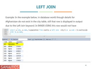 LEFT JOIN
44
Example: In the example below, in database world though details for
Afghanistan do not exist in the city table, still that row is displayed in output
due to the Left Join keyword. In INNER JOINS this row would not have
appeared.
 