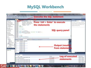 MySQL Workbench
8
SQL query panel
Output (results)
from statements
Log of executed
statements
Executes the SQL statement
Or
Press ‘ctrl + Enter’ to execute
the statements
 