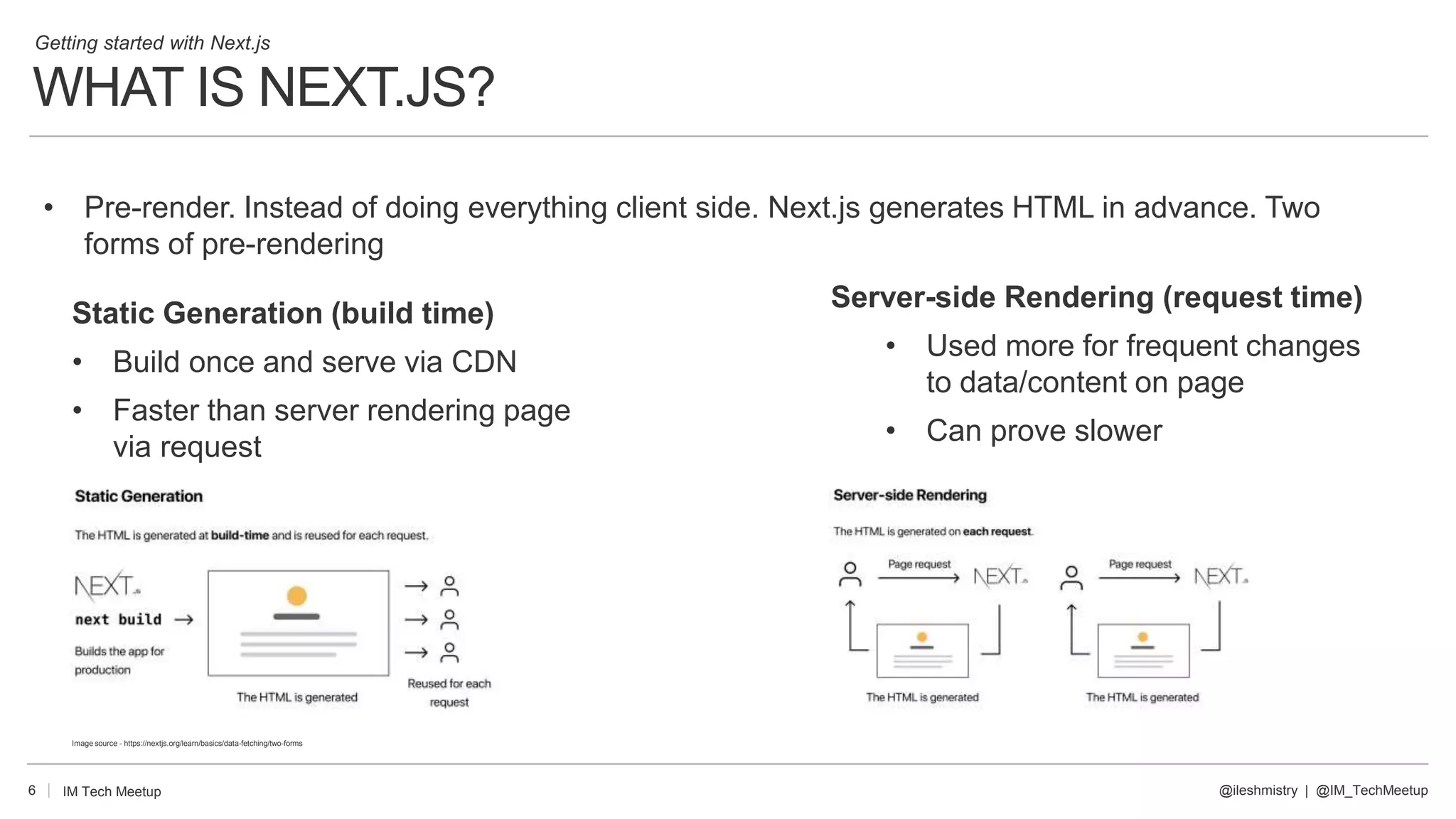 WHAT IS NEXT.JS?
6
• Pre-render. Instead of doing everything client side. Next.js generates HTML in advance. Two
forms of pre-rendering
@ileshmistry | @IM_TechMeetup
IM Tech Meetup
Getting started with Next.js
Static Generation (build time)
• Build once and serve via CDN
• Faster than server rendering page
via request
Server-side Rendering (request time)
• Used more for frequent changes
to data/content on page
• Can prove slower
Image source - https://nextjs.org/learn/basics/data-fetching/two-forms
 