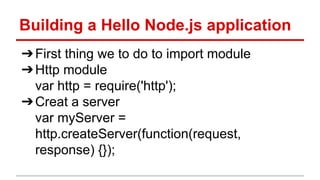 Building a Hello Node.js application
➔First thing we to do to import module
➔Http module
var http = require('http');
➔Creat a server
var myServer =
http.createServer(function(request,
response) {});
 
