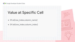 ● Df.at[row_index,column_name]
● Df.iat[row_index,column_index]
Value at Specific Cell
 