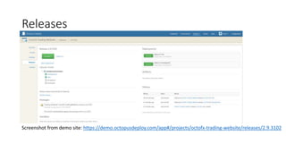 Releases
Screenshot from demo site: https://demo.octopusdeploy.com/app#/projects/octofx-trading-website/releases/2.9.3102
 
