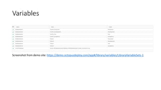 Variables
Screenshot from demo site: https://demo.octopusdeploy.com/app#/library/variables/LibraryVariableSets-1
 