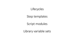 Lifecycles
Step templates
Script modules
Library variable sets
 