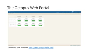 Screenshot from demo site: https://demo.octopusdeploy.com/
The Octopus Web Portal
 