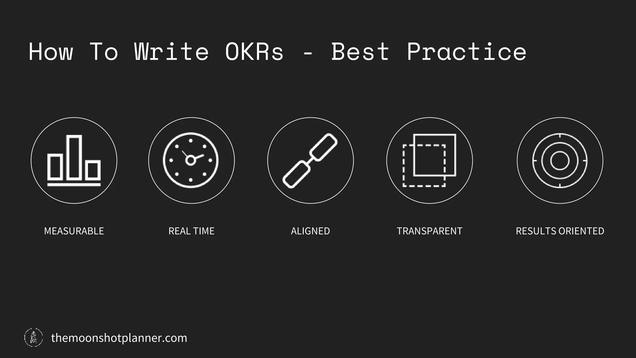 How To Write OKRs - Best Practice
MEASURABLE REAL TIME ALIGNED TRANSPARENT RESULTS ORIENTED
themoonshotplanner.com
 