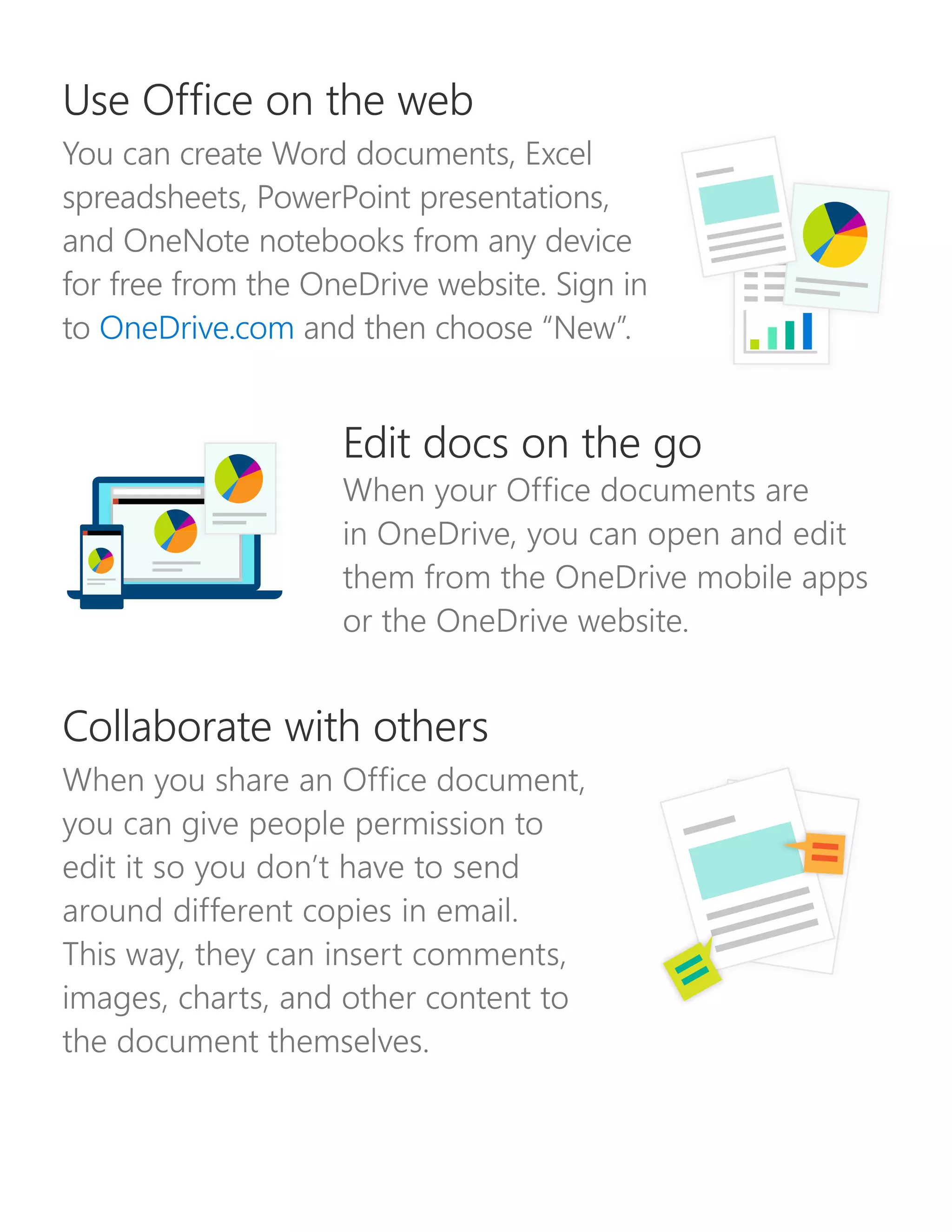 Edit docs on the go
When your Office documents are
in OneDrive, you can open and edit
them from the OneDrive mobile apps
or the OneDrive website.
Use Office on the web
You can create Word documents, Excel
spreadsheets, PowerPoint presentations,
and OneNote notebooks from any device
for free from the OneDrive website. Sign in
to OneDrive.com and then choose “New”.
Collaborate with others
When you share an Office document,
you can give people permission to
edit it so you don’t have to send
around different copies in email.
This way, they can insert comments,
images, charts, and other content to
the document themselves.
 