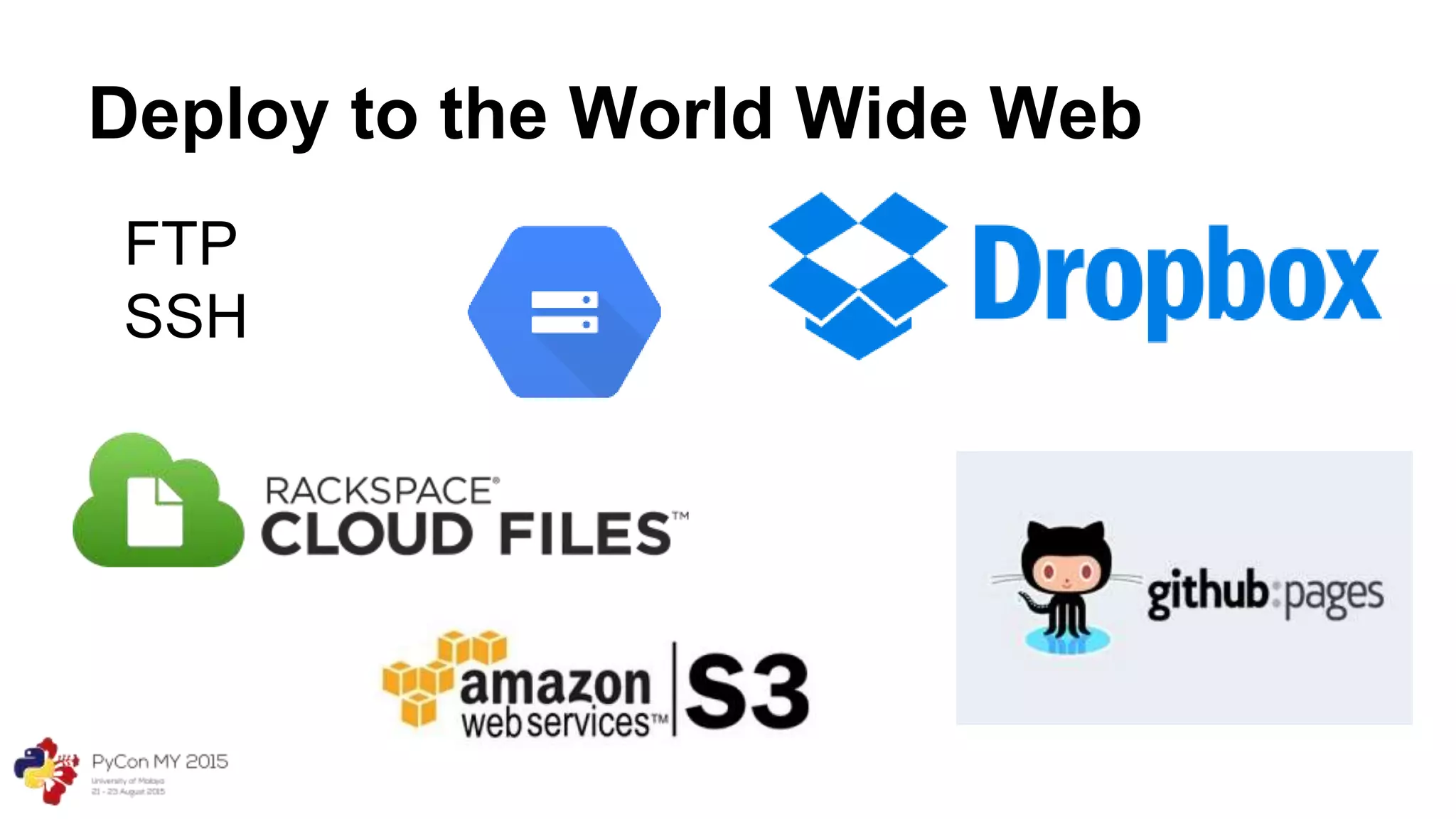 Deploy to the World Wide Web
FTP
SSH
 