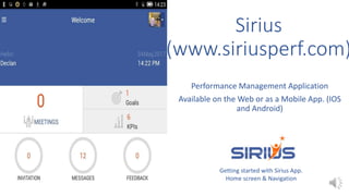 Sirius
(www.siriusperf.com)
Performance Management Application
Available on the Web or as a Mobile App. (IOS
and Android)
Getting started with Sirius App.
Home screen & Navigation
 