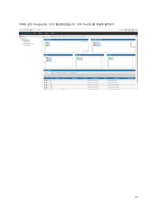 17
아래와 같이 PostgreSQL 10 이 활성화되었습니다. 이제 PostGIS 를 학습해 볼까요?!
 