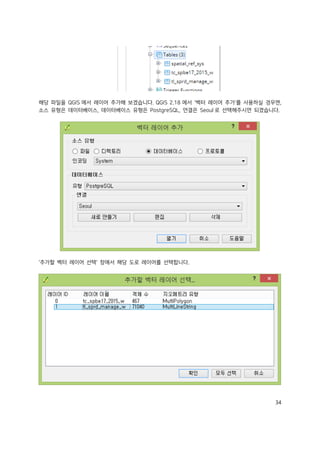34
해당 파일을 QGIS 에서 레이어 추가해 보겠습니다. QGIS 2.18 에서 '벡터 레이어 추가'를 사용하실 경우엔,
소스 유형은 데이터베이스, 데이터베이스 유형은 PostgreSQL, 연결은 Seoul 로 선택해주시면 되겠습니다.
'추가할 벡터 레이어 선택' 창에서 해당 도로 레이어를 선택합니다.
 