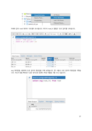 37
아래와 같이 road 데이터 100 줄이 표시됩니다. 여기서 road_lt 컬럼은 '도로 길이'를 나타냅니다.
avg 쿼리문을 사용하여 도로 길이의 평균값을 구해 보겠습니다. 짠! 서울시 도로 길이의 평균값을 구했습
니다. 속도가 정말 빠르죠?! 같은 방식으로 합계나 특정 비율을 구할 수도 있습니다.
 