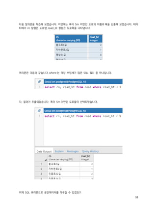 38
다음 질의문을 학습해 보겠습니다. 이번에는 폭이 5m 미만인 도로의 이름과 폭을 산출해 보겠습니다. 데이
터에서 rn 칼럼은 도로명, road_bt 칼럼은 도로폭을 나타냅니다.
쿼리문은 다음과 같습니다. where 는 가장 쓰임새가 많은 SQL 쿼리 중 하나입니다.
자, 결과가 추출되었습니다. 폭이 5m 미만인 도로들이 선택되었습니다.
이제 SQL 쿼리문으로 공간데이터를 다루실 수 있겠죠?!
 