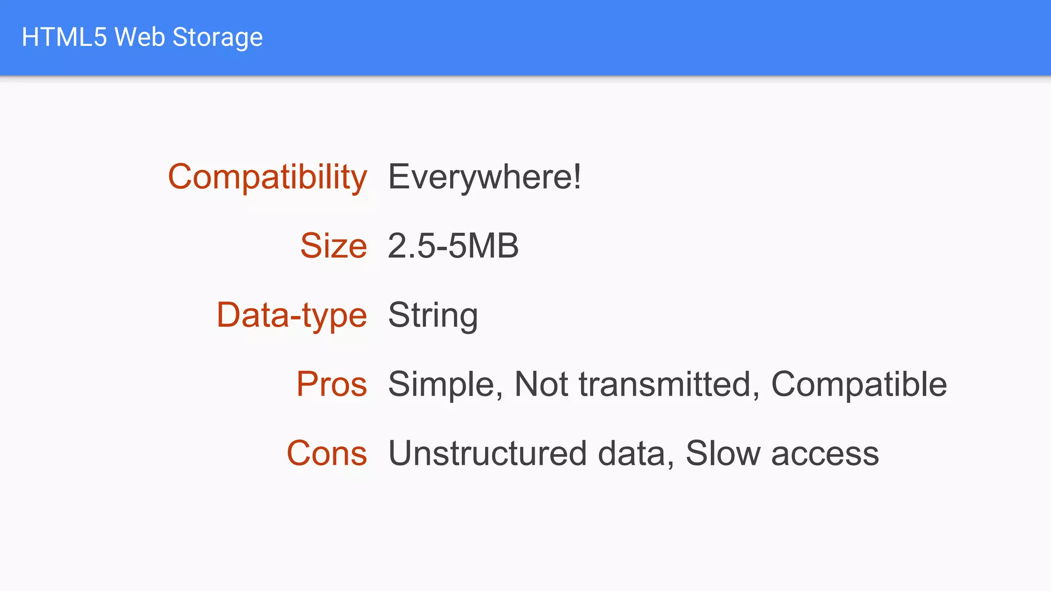 HTML5 Web Storage
Compatibility Everywhere!
Size 2.5-5MB
Data-type String
Pros Simple, Not transmitted, Compatible
Cons Unstructured data, Slow access
 
