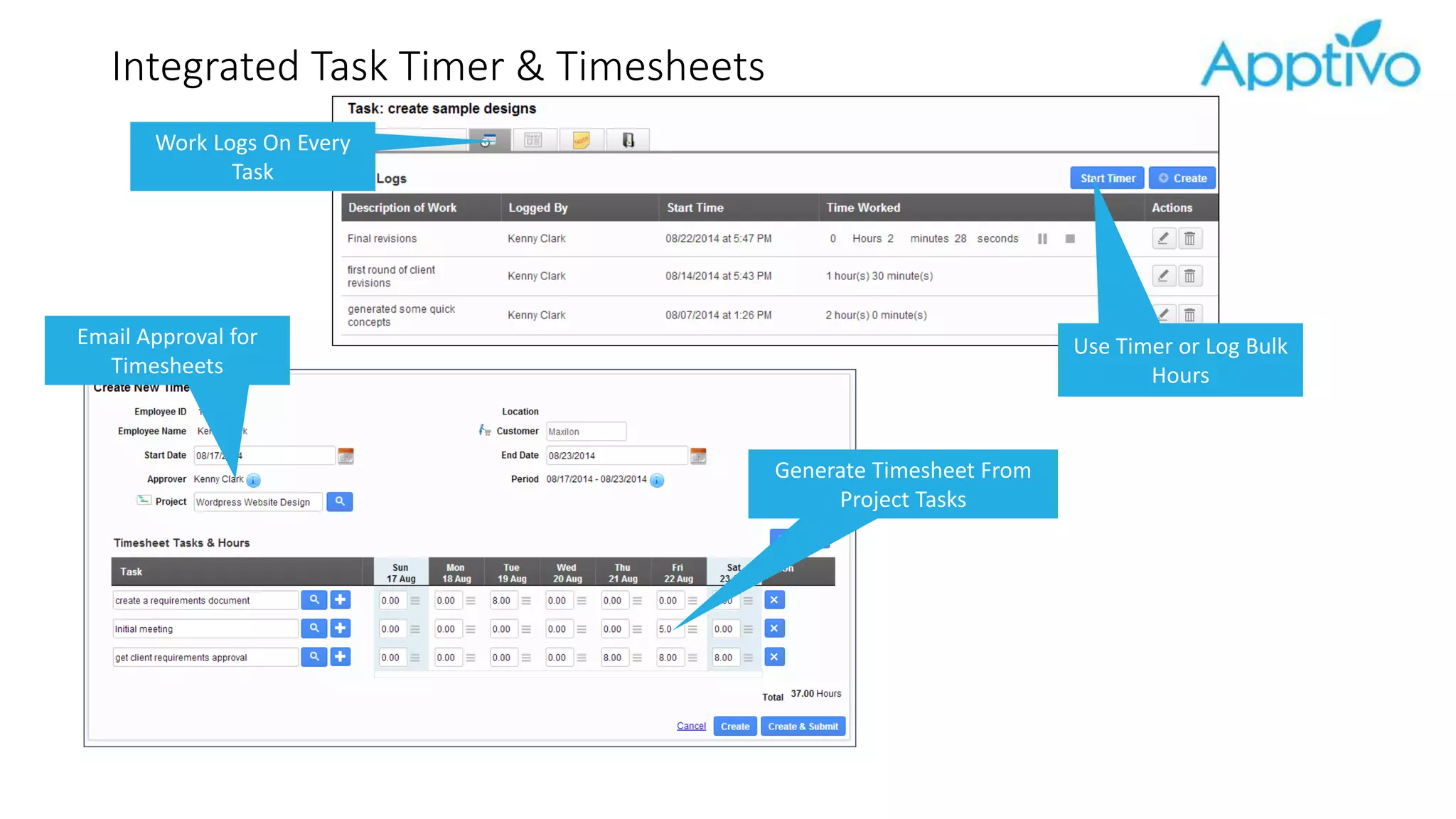 Integrated Task Timer & Timesheets
Work Logs On Every
Task
Built-In Billing &
Activity Reports
Use Timer or Log Bulk
Hours
Email Approval for
Timesheets
Generate Timesheet From
Project Tasks
 
