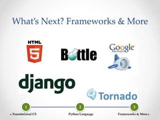 What’s Next? Frameworks & More
Foundational CS Python Language Frameworks & More
1 2 3
 
