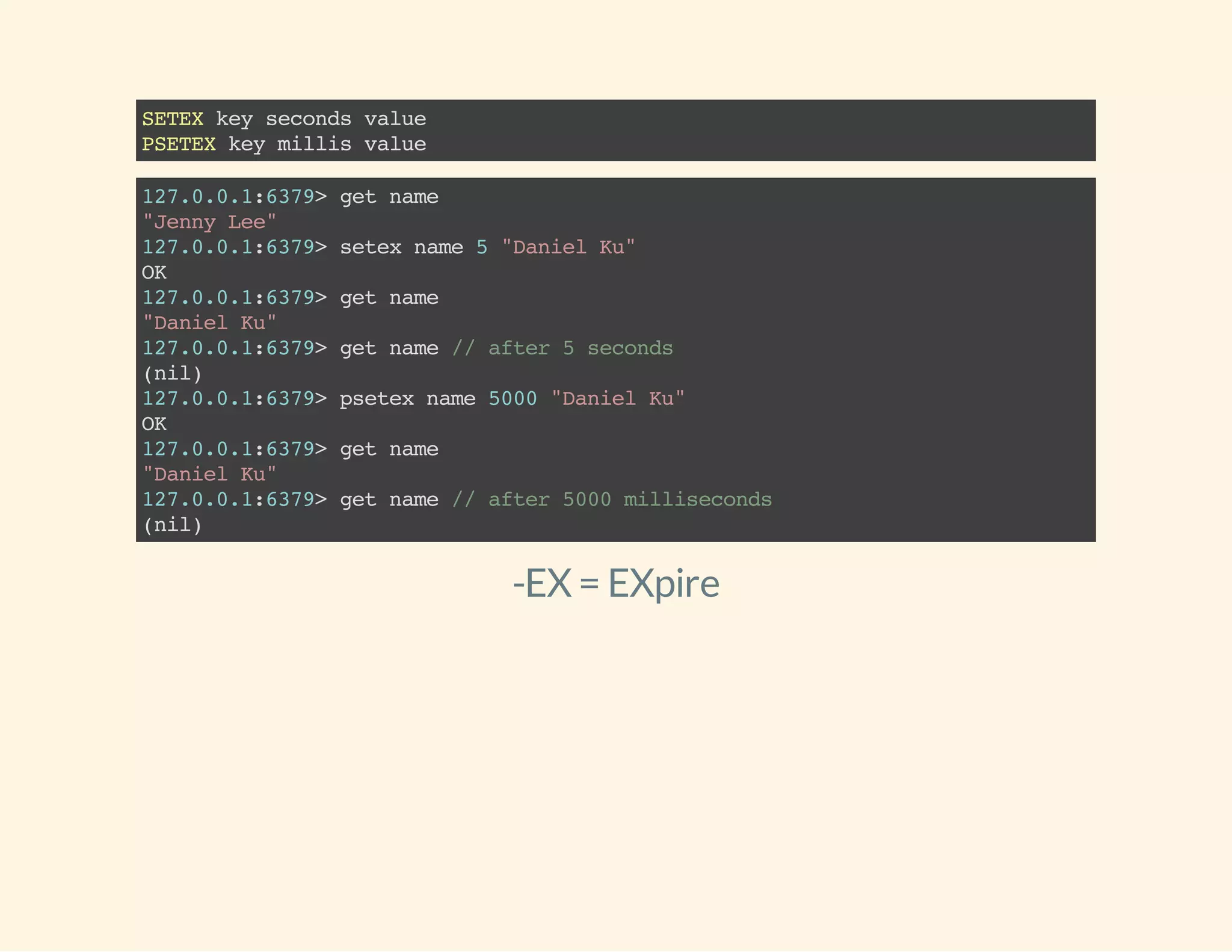 SETEXkeysecondsvalue
PSETEXkeymillisvalue
127.0.0.1:6379>getname
"JennyLee"
127.0.0.1:6379>setexname5"DanielKu"
OK
127.0.0.1:6379>getname
"DanielKu"
127.0.0.1:6379>getname//after5seconds
(nil)
127.0.0.1:6379>psetexname5000"DanielKu"
OK
127.0.0.1:6379>getname
"DanielKu"
127.0.0.1:6379>getname//after5000milliseconds
(nil)
-EX = EXpire
 