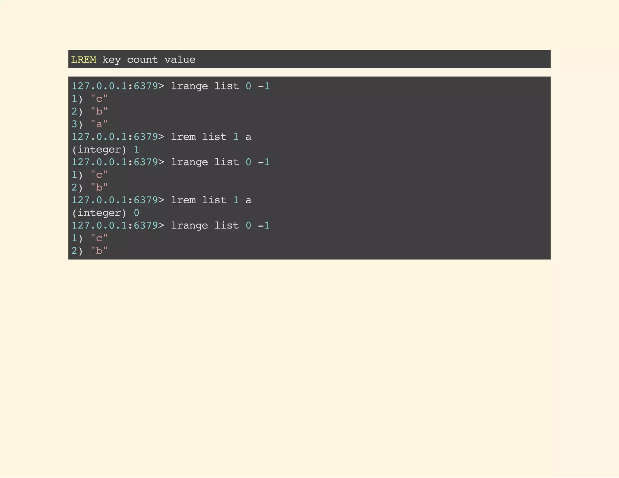 LREMkeycountvalue
127.0.0.1:6379>lrangelist0-1
1)"c"
2)"b"
3)"a"
127.0.0.1:6379>lremlist1a
(integer)1
127.0.0.1:6379>lrangelist0-1
1)"c"
2)"b"
127.0.0.1:6379>lremlist1a
(integer)0
127.0.0.1:6379>lrangelist0-1
1)"c"
2)"b"
 