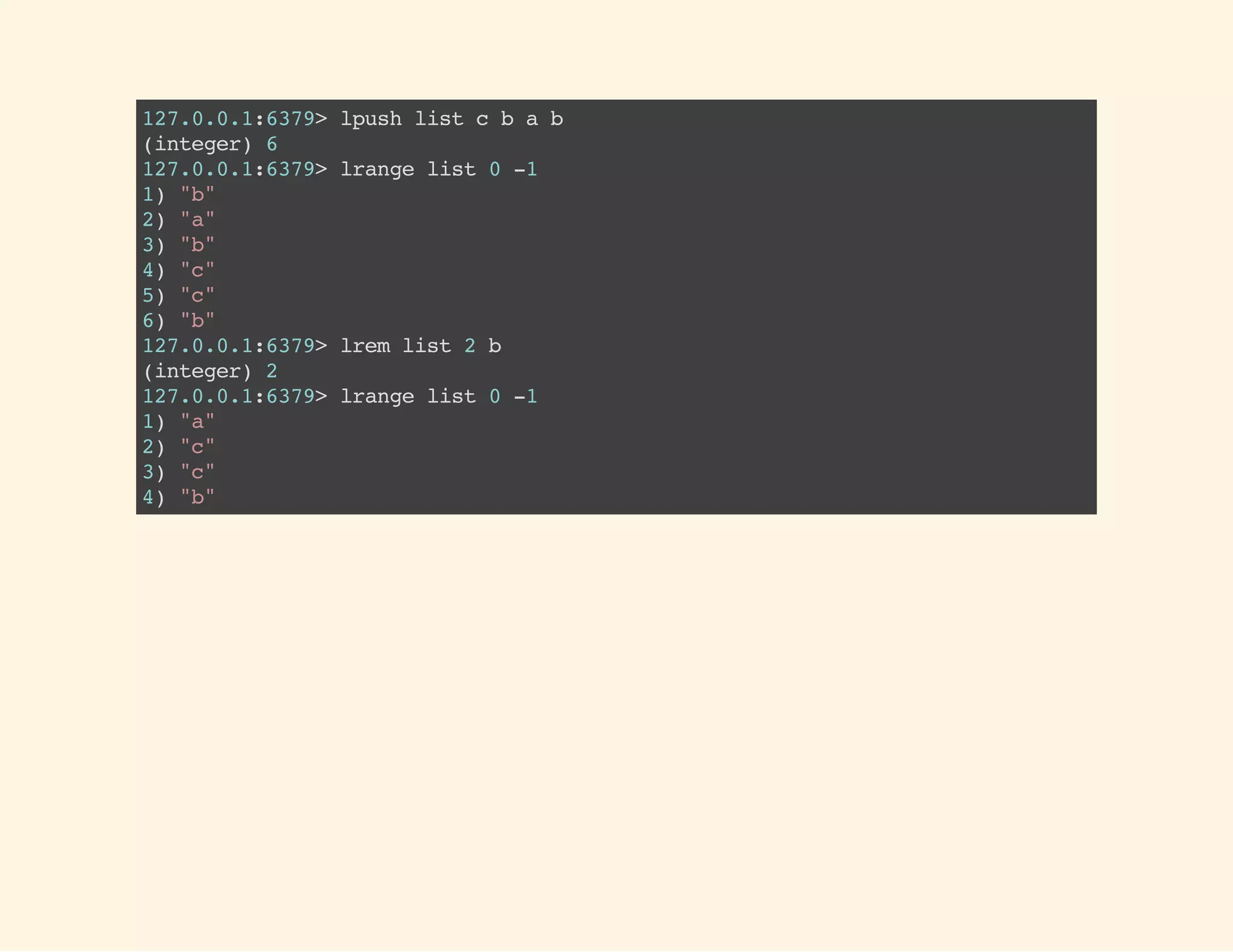 127.0.0.1:6379>lpushlistcbab
(integer)6
127.0.0.1:6379>lrangelist0-1
1)"b"
2)"a"
3)"b"
4)"c"
5)"c"
6)"b"
127.0.0.1:6379>lremlist2b
(integer)2
127.0.0.1:6379>lrangelist0-1
1)"a"
2)"c"
3)"c"
4)"b"
 