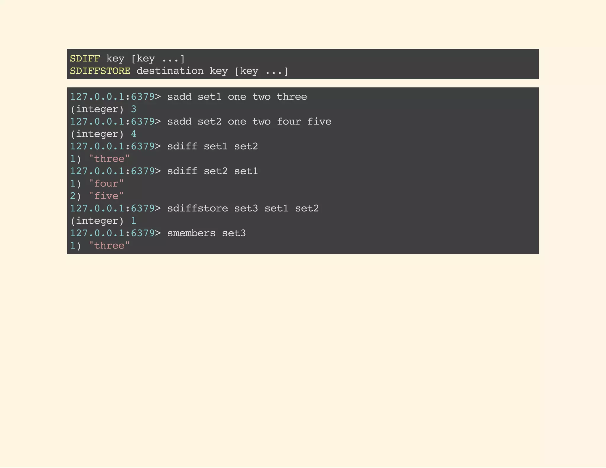 SDIFFkey[key...]
SDIFFSTOREdestinationkey[key...]
127.0.0.1:6379>saddset1onetwothree
(integer)3
127.0.0.1:6379>saddset2onetwofourfive
(integer)4
127.0.0.1:6379>sdiffset1set2
1)"three"
127.0.0.1:6379>sdiffset2set1
1)"four"
2)"five"
127.0.0.1:6379>sdiffstoreset3set1set2
(integer)1
127.0.0.1:6379>smembersset3
1)"three"
 