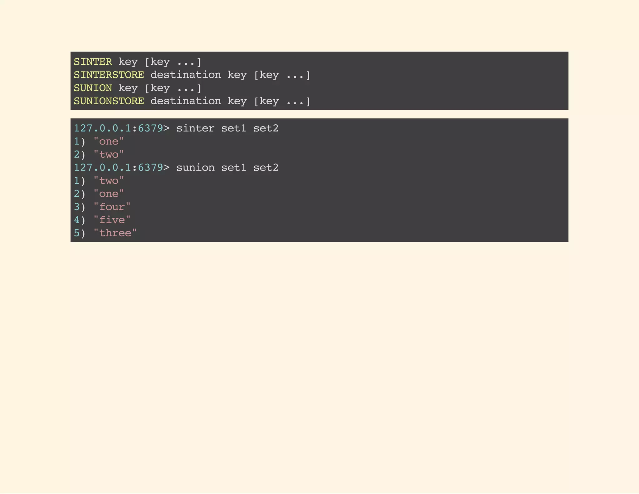 SINTERkey[key...]
SINTERSTOREdestinationkey[key...]
SUNIONkey[key...]
SUNIONSTOREdestinationkey[key...]
127.0.0.1:6379>sinterset1set2
1)"one"
2)"two"
127.0.0.1:6379>sunionset1set2
1)"two"
2)"one"
3)"four"
4)"five"
5)"three"
 