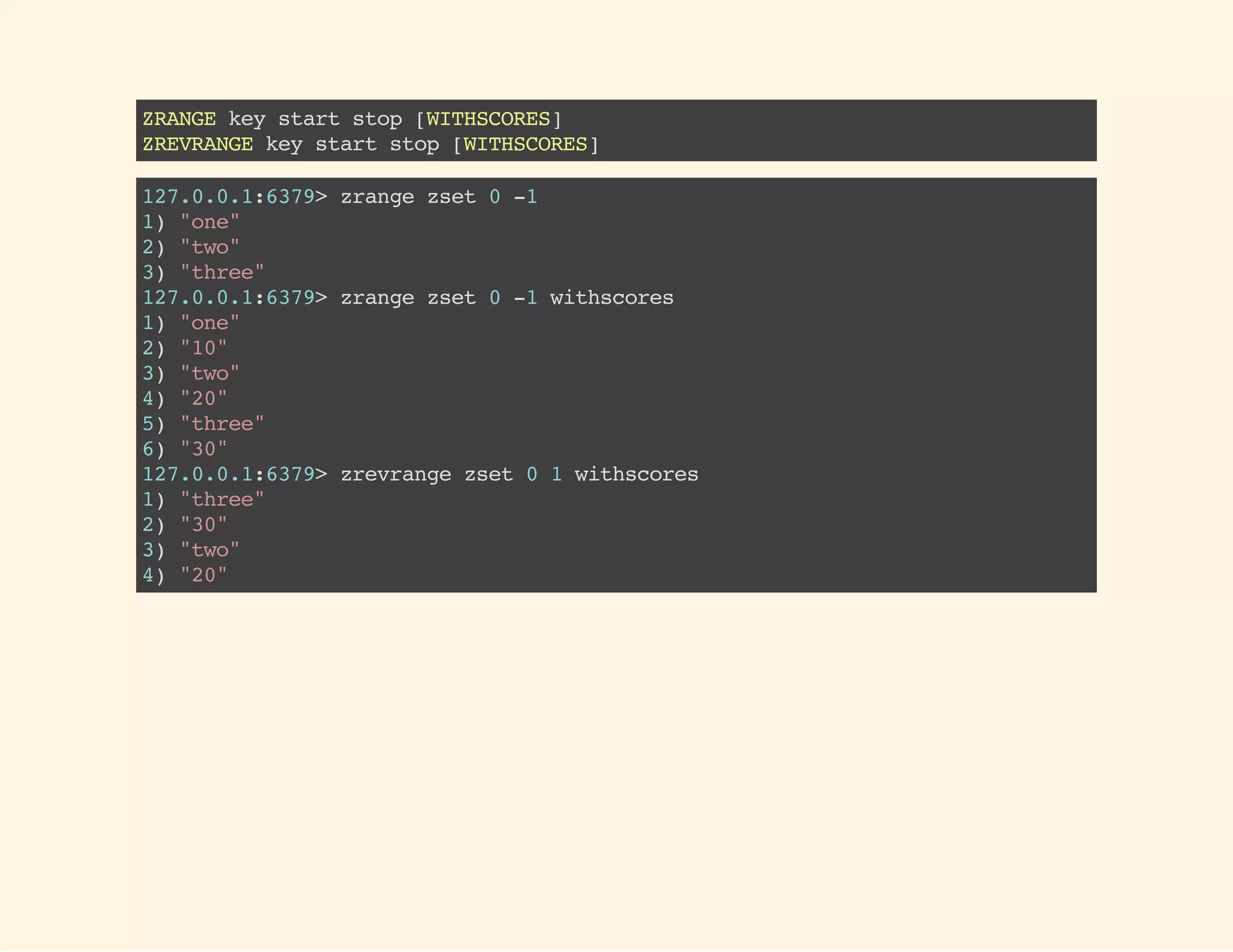 ZRANGEkeystartstop[WITHSCORES]
ZREVRANGEkeystartstop[WITHSCORES]
127.0.0.1:6379>zrangezset0-1
1)"one"
2)"two"
3)"three"
127.0.0.1:6379>zrangezset0-1withscores
1)"one"
2)"10"
3)"two"
4)"20"
5)"three"
6)"30"
127.0.0.1:6379>zrevrangezset01withscores
1)"three"
2)"30"
3)"two"
4)"20"
 