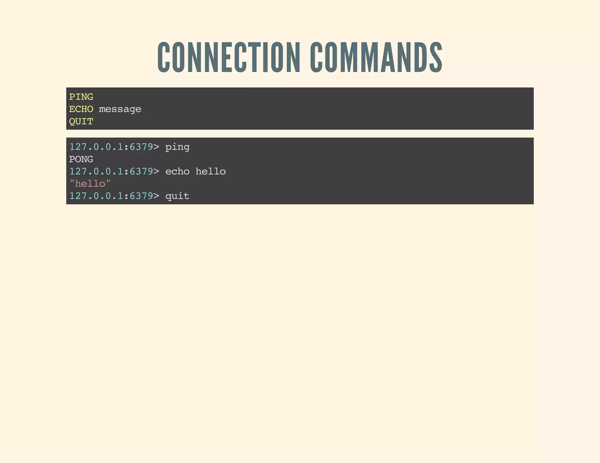 CONNECTION COMMANDS
PING
ECHOmessage
QUIT
127.0.0.1:6379>ping
PONG
127.0.0.1:6379>echohello
"hello"
127.0.0.1:6379>quit
 